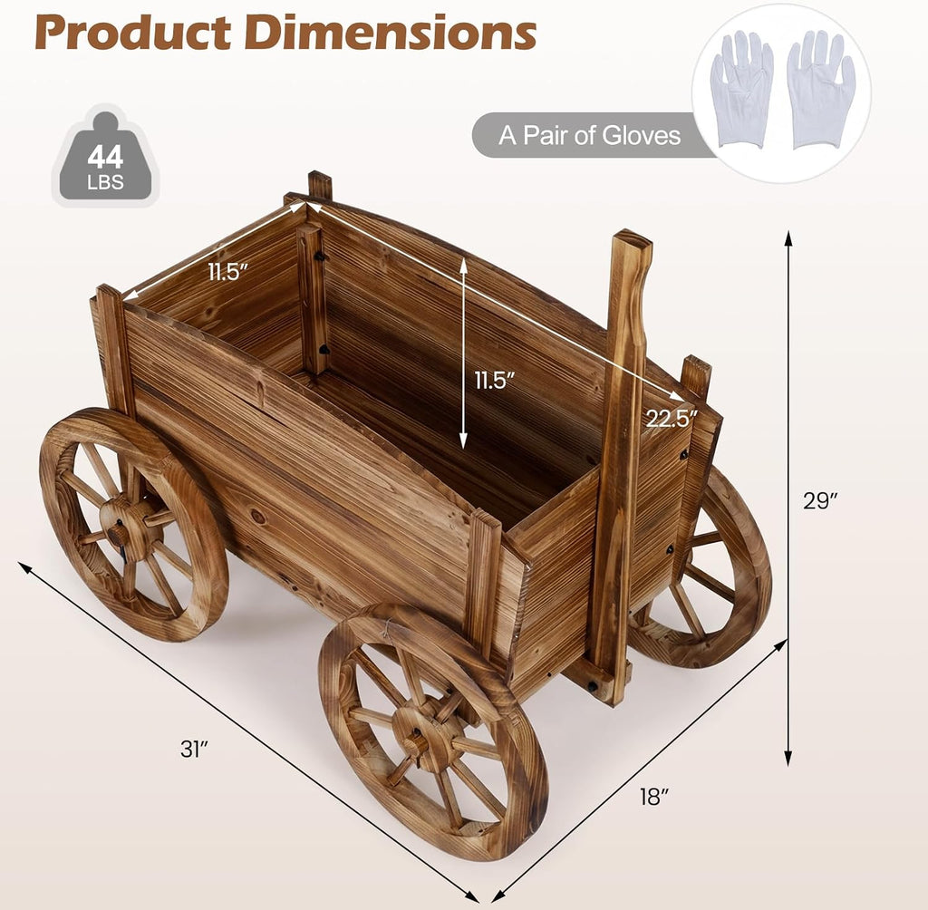 giantex wood wagon planter, rustic rolling flower pot, view 9