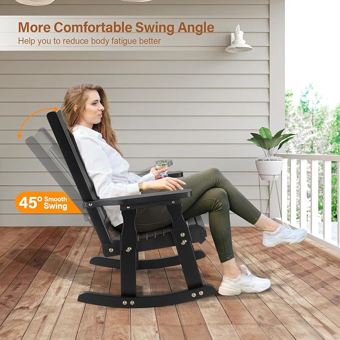 VINGLI Outdoor Rocking Chair Set of 2, Heavy Duty 600 LBS Wooden Rocking Chair with Comfortable Backrest, Weatherproof Rocker with Ergonomic Design, Suit for Patio, Garden, Yard, Black