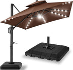 Best Choice Products 9x12ft LED Cantilever Patio Umbrella w/Base Included & 360° Rotation, Large Solar Offset Hanging Outdoor Sun Shade for Deck, Backyard Table w/Stand & Lights – Brown