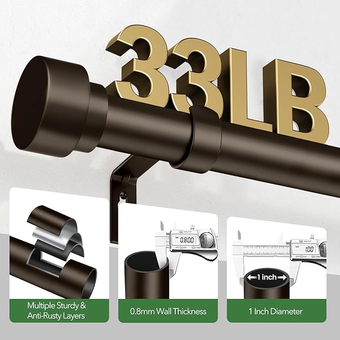 Curtain Rods for Windows 72 to 144, 1 Inch Adjustable Heavy Duty Long Window Drapery Rods with End Caps, Indoor Outdoor Curtain Rod for Patio Bedroom, Size 32" - 150", Antique Bronze