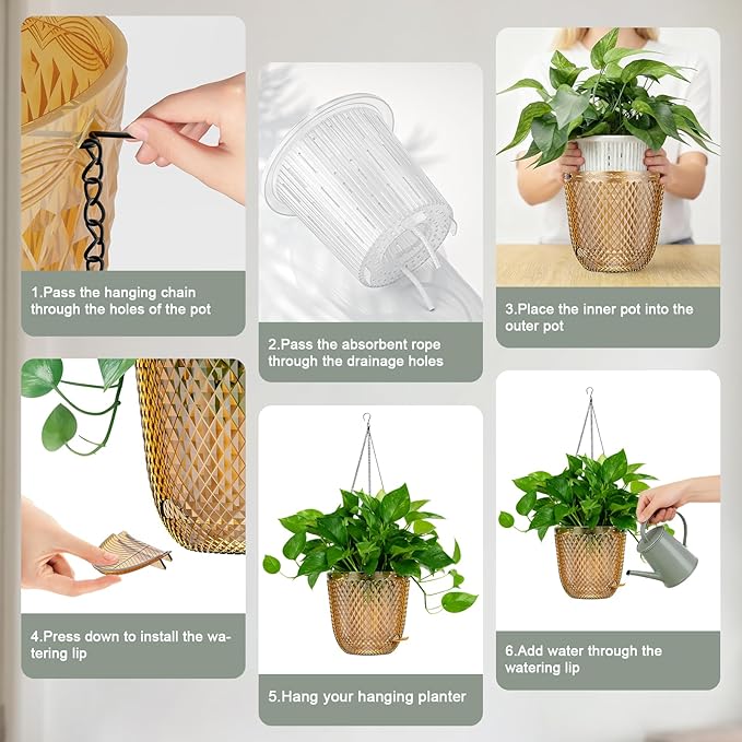 QCQHDU Self Watering Hanging Pots, 2 Pack 5.7 Inch Hanging Planters for Plants Indoor, Outdoor Flower Pots with Drainage Holes and 3 Hooks Chains for Garden Home (Gold)