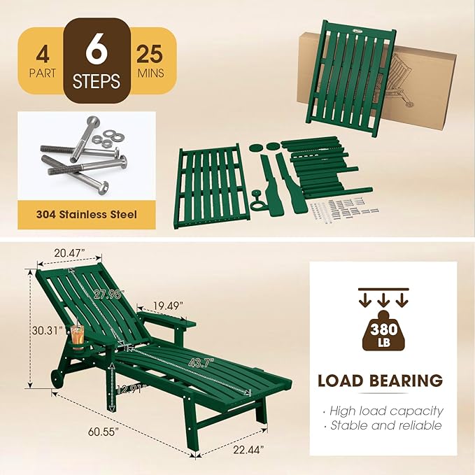 Patio Chaise Lounge Chair, Oversized Lounge Chair Outdoor with 5 Positions, HDPE, Patio Lounge Chair with Wheels & Cup Holder for Pool, Deck, Poolside,Green
