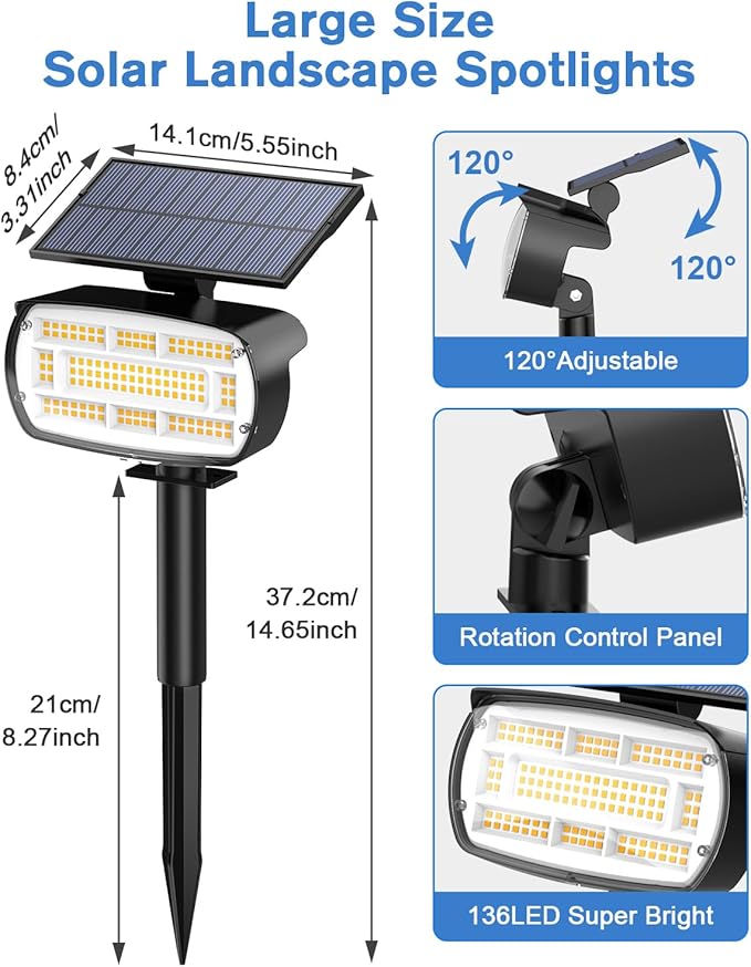 Fabrito 136 LED Solar Spot Lights Outdoor 4 Packs Warm White