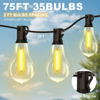 75FT Outdoor String Lights with 35 Bulbs(2FT Spacing), 3 Spare Bulbs | 2FT Bulb Spacing, IP65 Waterproof, Commercial, Perfect for Patio, Porch, Backyard