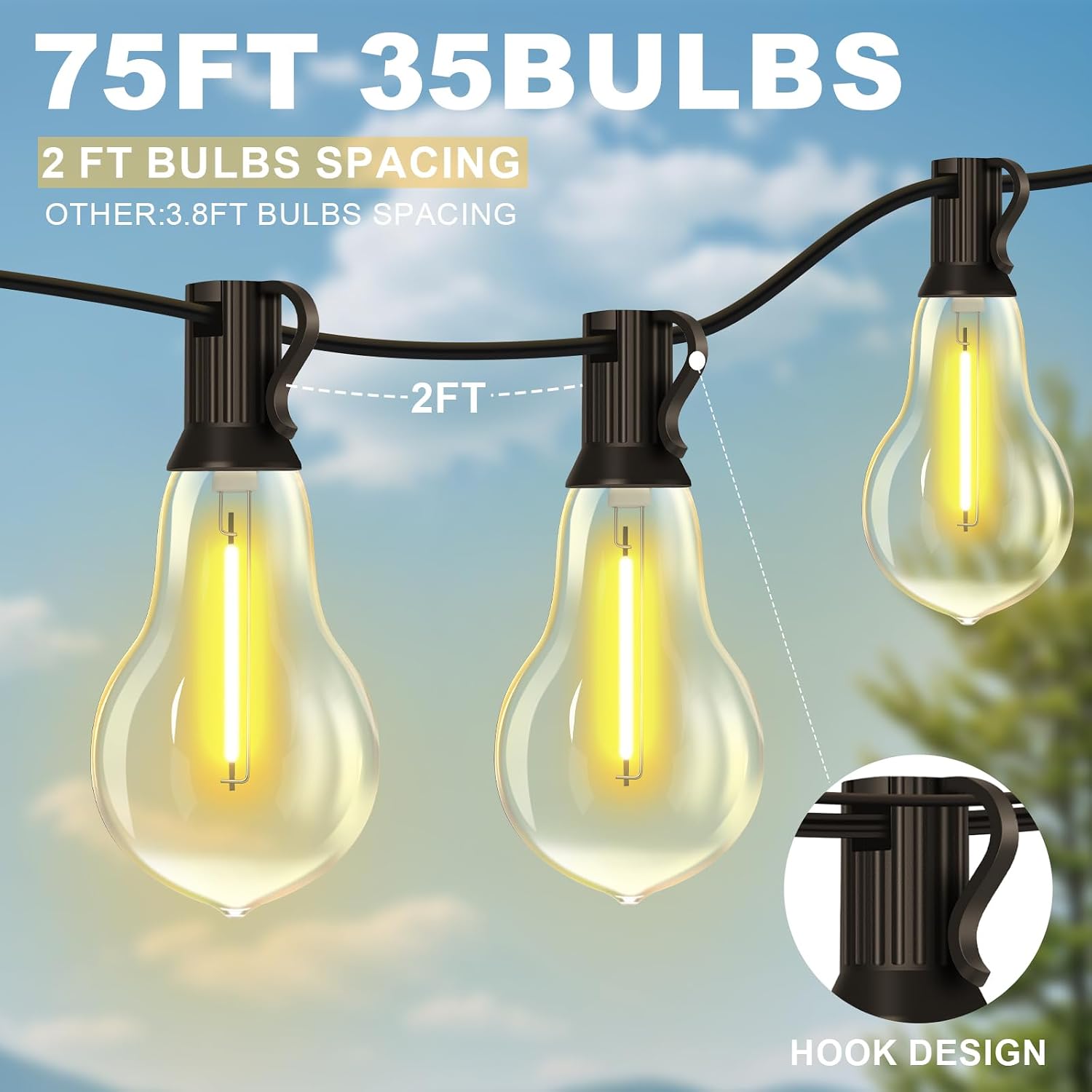 75FT Outdoor String Lights with 35 Bulbs(2FT Spacing), 3 Spare Bulbs | 2FT Bulb Spacing, IP65 Waterproof, Commercial, Perfect for Patio, Porch, Backyard