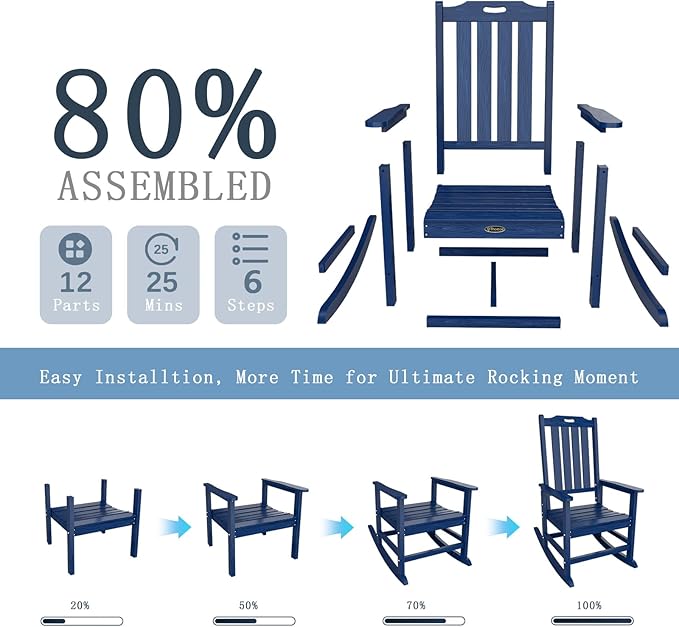 Oversized Rocking Chair Set of 8, Outdoor Rocking Chair for Adults, All Weather Resistant Porch Rocker for Lawn Garden, Navy Blue