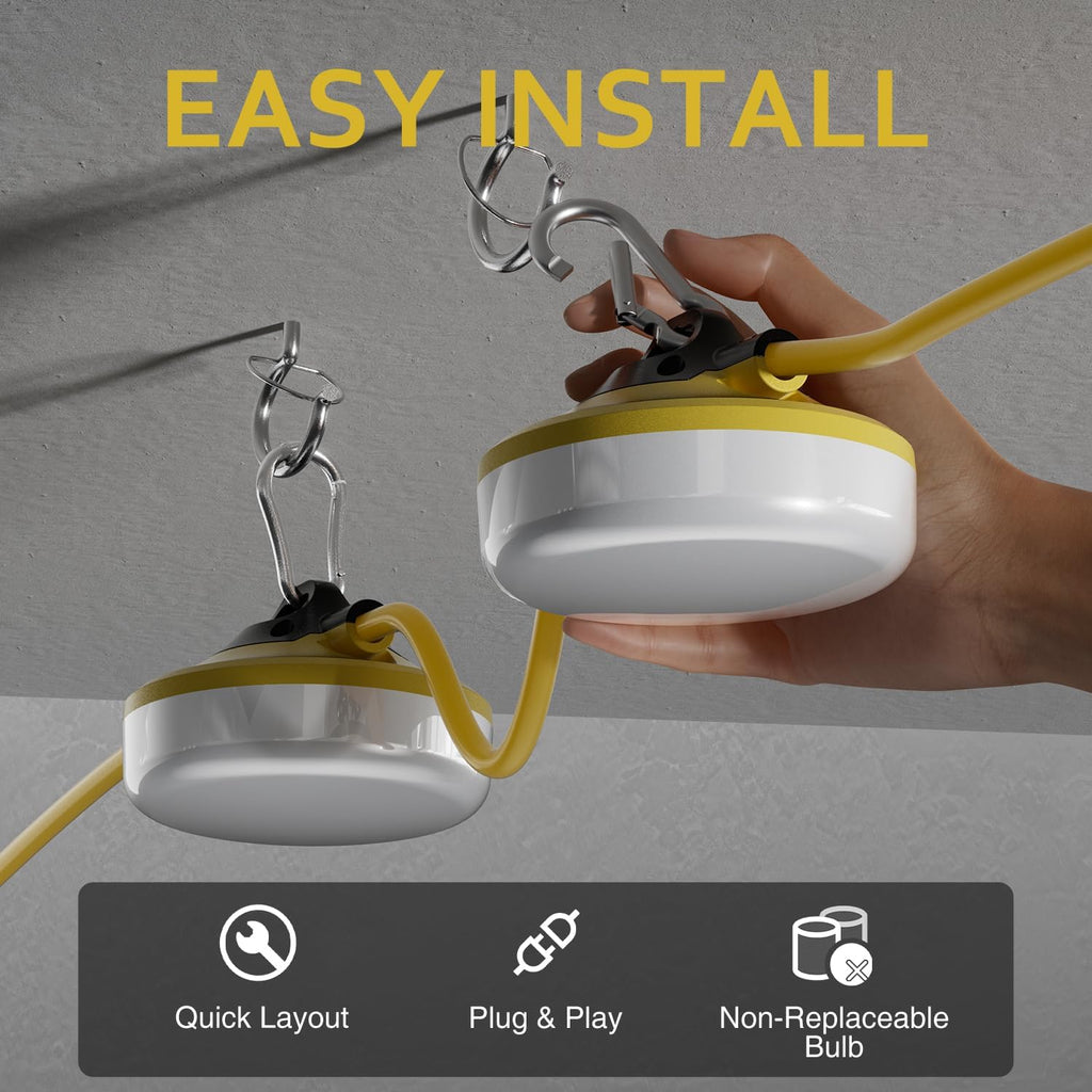 LED Construction String Lights 100FT, 10000 LM, 5000K Daylight LED String Work Lights, 100W Temporary Lighting for Job Site Outdoor Indoor, IP65 Waterproof Temporary Construction Lights, ETL Listed