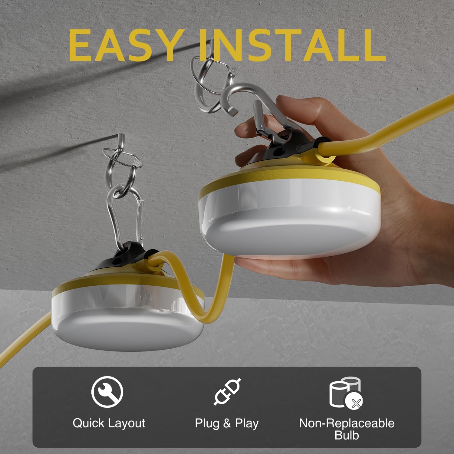 LED Construction String Lights 100FT, 10000 LM, 5000K Daylight LED String Work Lights, 100W Temporary Lighting for Job Site Outdoor Indoor, IP65 Waterproof Temporary Construction Lights, ETL Listed