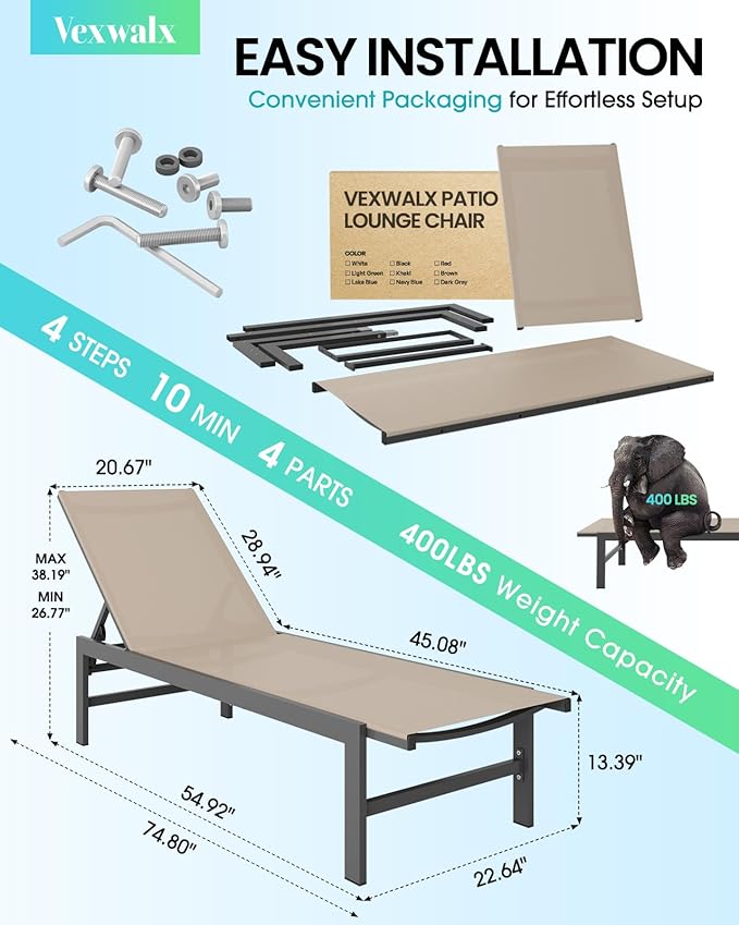 Outdoor Lounge Chairs Set of 3, Aluminum Chaise Lounge Chairs with 5-Position Recliner, Patio Lounge Chair for Backyard, Poolside, Deck, Lawn (Khaki)