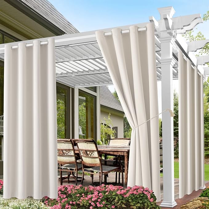 Waterproof Outdoor Curtain W52 x L63 - Grommet Top Sunlight Blocking Window Treatment Drapes Blackout Curtains for Home Bedroom Living Room Outdoor Patio Porch Pergola (Cream, 2 Panels)