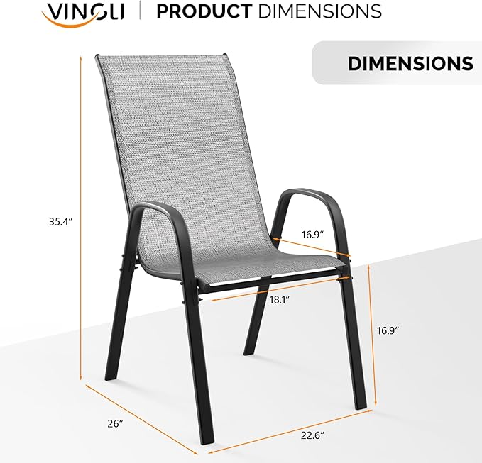 VINGLI Patio Chairs Set of 8 – Stackable Outdoor Dining Chairs with Comfortable Sling High Back Chairs and Armrests for Lawn, Poolside, Courtyard, Balcony, Garden, Silver Gray