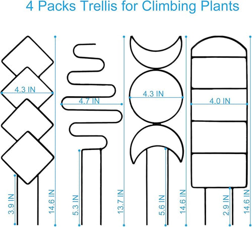 4 Packs Trellis for Climbing Plants Indoor, HENABLE Small Garden Metal Trellis for Potted Plants Outdoor for Vine Ivy Flower Plant Support, 4 Different Black Iron Patterns