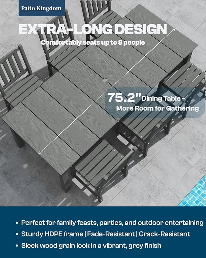 9-Piece Grey Outdoor Dining Set with White 15FT Large Patio Umbrella, 75.2'' HDPE Table & Chairs for 8, Weather-Resistant Furniture with Umbrella Hole for Patio, Lawn, Poolside