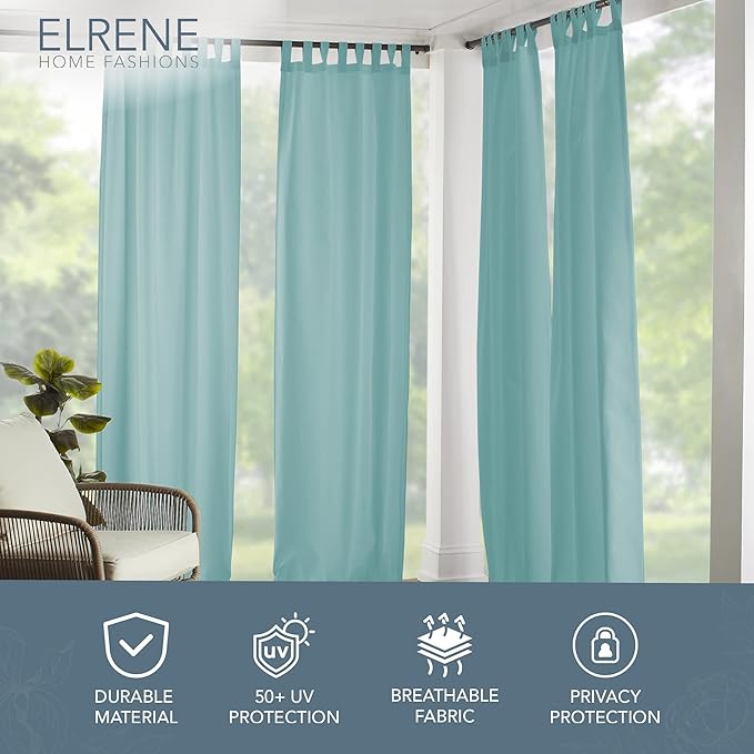 Elrene Home Fashions Matine Weatherproof Tab-Top Indoor/Outdoor Solid Color Curtain Panel for Porch, Pergola, Patio, Deck, 52”W x 95”L, Mineral