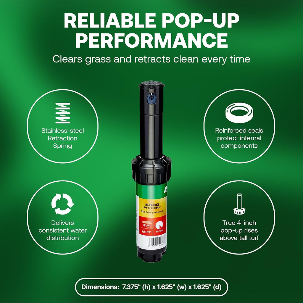 Rain Bird 5000 Heavy Duty Simple Adjust Gear Driven Rotor Sprinkler Head | 4-Pack, 3/4 inch Inlet - Water Efficient 4 inch Pop Up Lawn Sprinkler, Adjustable 40 - 360 Degree Arc and 25 - 50 ft Radius
