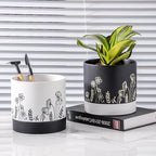 Nihow Ceramic Plant Pot: 6 Inch Planter with Drainage Hole & Saucer for Indoor & Outdoor Plants - Cylinder Round Flower Pot for Succulent/Herbs/Violets - White