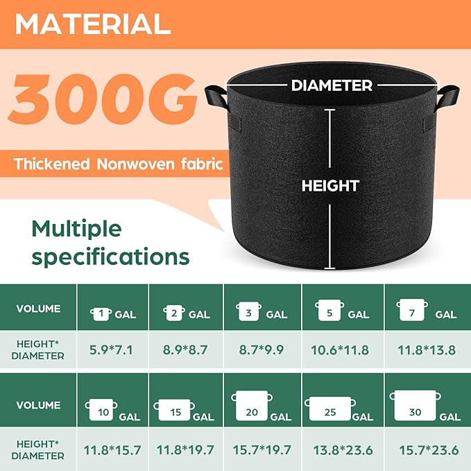 10 Pack 30 Gallon Grow Bags, Thickened Nonwoven Fabric Planter Pots with Handles, Heavy Duty 300G Garden Pots for Tomato, Potato and Vegetable