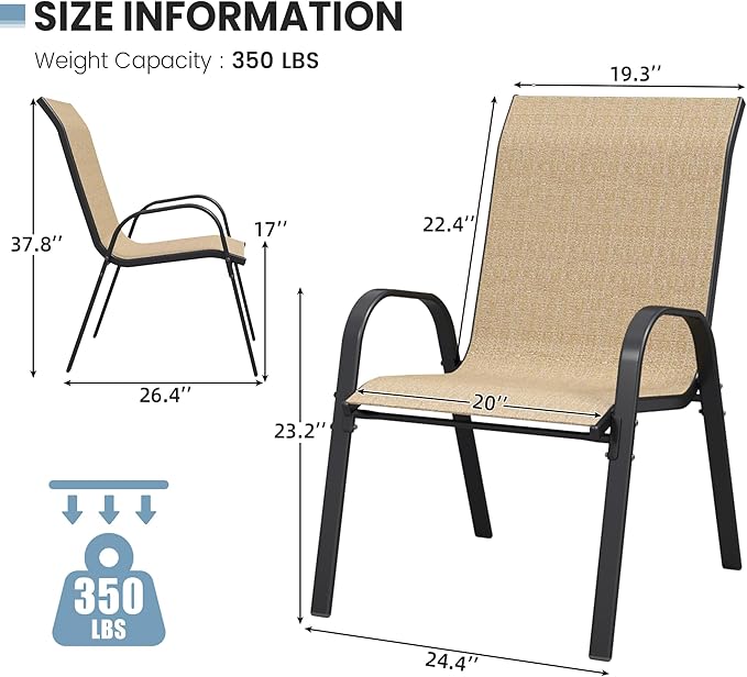 Patio Dining Chairs Set of 4, Outdoor High Stacking Chairs for All Weather, Breathable Seat Fabric and Alloy Steel Frame for Backyard, Porch, Garden (Brown)