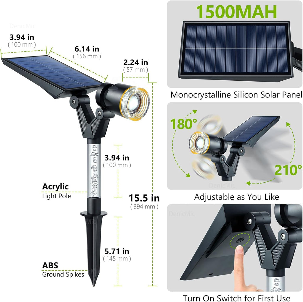 DenicMic Solar Spot Lights Outdoor Waterproof White Lens LED 4 Pack | Adjustable Angle Long Range Solar Lights Outdoor for Yard Garden Patio Wall Tree Landscape Spotlights, Acrylic Lighted Pole