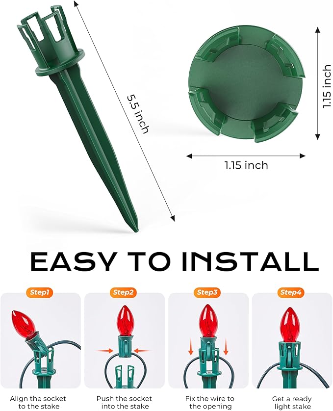 100-Pack Plastic Light Stakes, 5.5 Inch Christmas Yard Stakes for C7 C9 Christmas Lights Outdoor, Universal Light Stakes for Outdoor Holiday Lights, Green