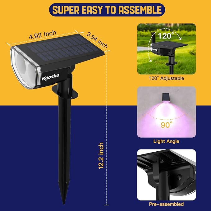 Kyosho Solar Spot Lights Outdoor, IP67 Waterproof Solar Lights for Yard, Garden and Walkways, 38 LEDs RGBW Multicolor Spotlight, 6 Pack