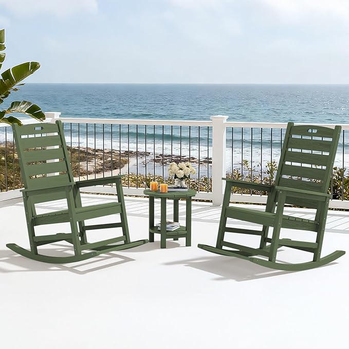 SERWALL Outdoor Rocking Chair, Oversized Rocking Chair with Footrest for Adults, HDPE All Weather Resistant Rocking Chairs for Patio, 350lbs Weight Capacity, Avocado Green