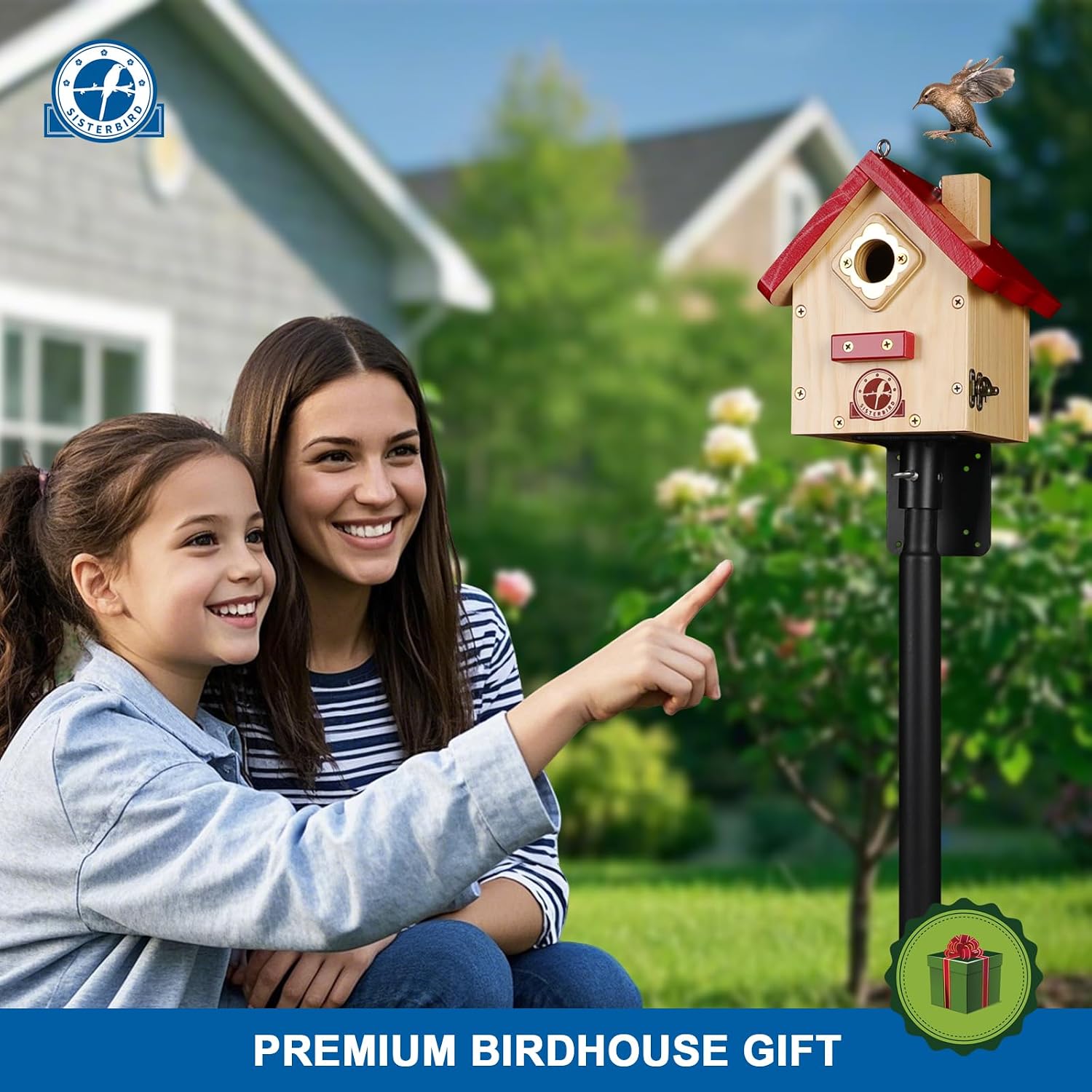 SISTERBIRD Wren Bird House, Premium Wooden Bird Houses for Outside, Classic Cabin Design Birdhouses for Outdoors, Hanging Bird House, Red-Breasted Nuthatch Wren Chickadee