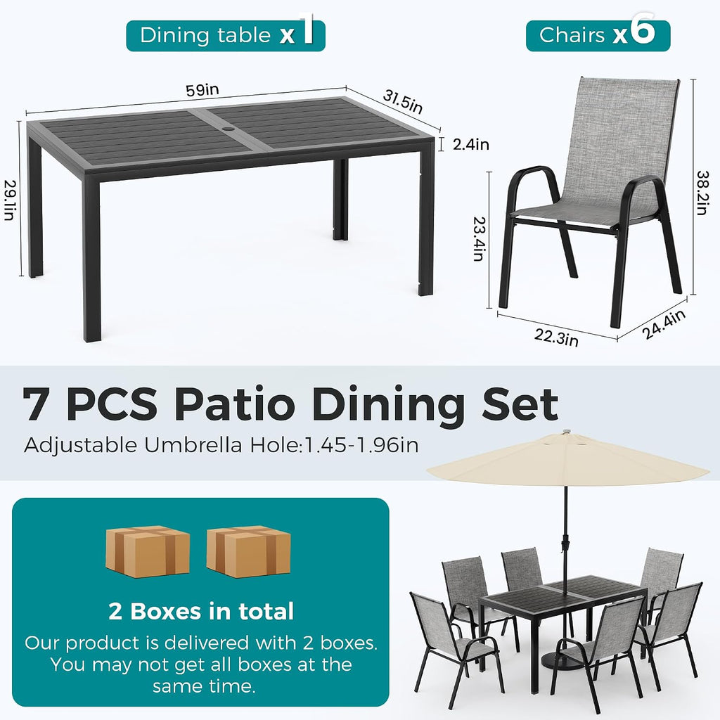 pamapic outdoor dining sets for 6, rectangular steel showing dimensions