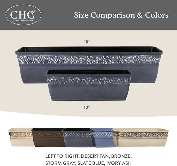 Classic Home and Garden Corinthian Rectangular Planter Box w/Drain Plug - Small Succulent Pots - Shallow Trough Planter for Indoor/Outdoor (10” Storm Gray, Pack of 1)