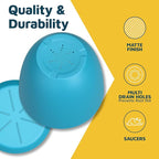 Blue Plant Pots with Drainage Holes & Saucers 15 Pack, Indoor & Outdoor Stackable Space-Saving Planters for Houseplants & Flowers, (7", 6.7", 6", 5.3", and 4.8" Inches), Durable & Weatherproof