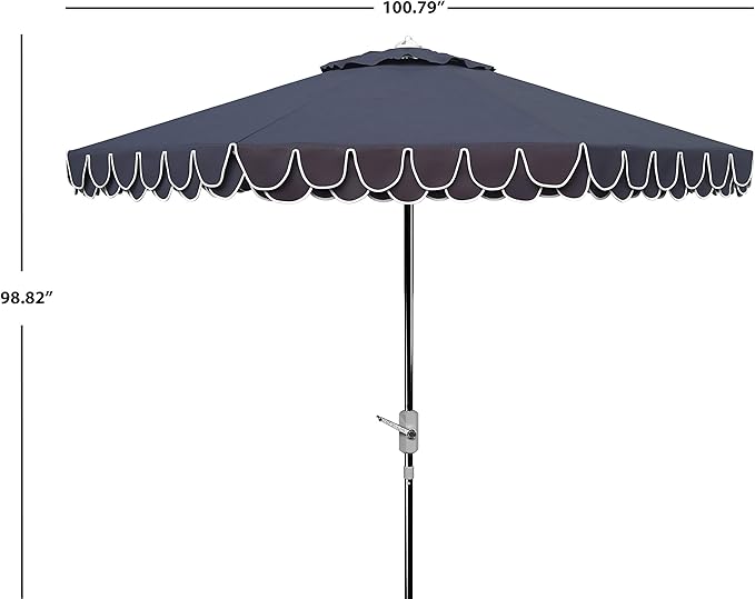 SAFAVIEH 9ft Outdoor Patio Umbrella, Round, Valance, White & Navy Trim, Auto Crank Tilt, UV Resistant for Deck, Backyard, Poolside (PAT8006G)
