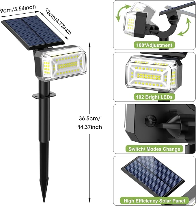 102 LED Solar Spot Lights Outdoor Waterproof IP65, Adjustable Landscape Spotlights, [8 Pack/4 Modes] Auto On/Off Solar Powered Flood Lights for Outside Yard Garden Wall Pathway (Cool White)
