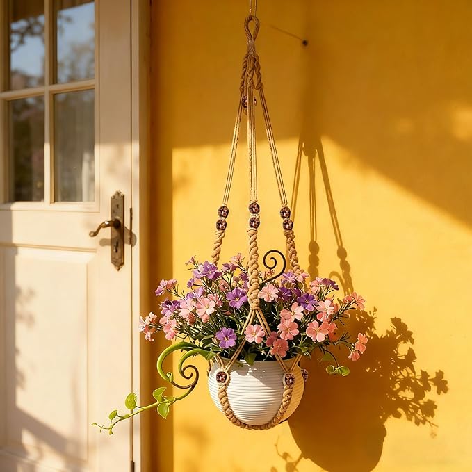 35 Inch Macrame Plant Hanger, Large for up to 15 Inch Pot Extra Long Hanging Planter Holder Basket with Wood Beads for Indoor Outdoor Home Decor (Brown, 1-Pack)
