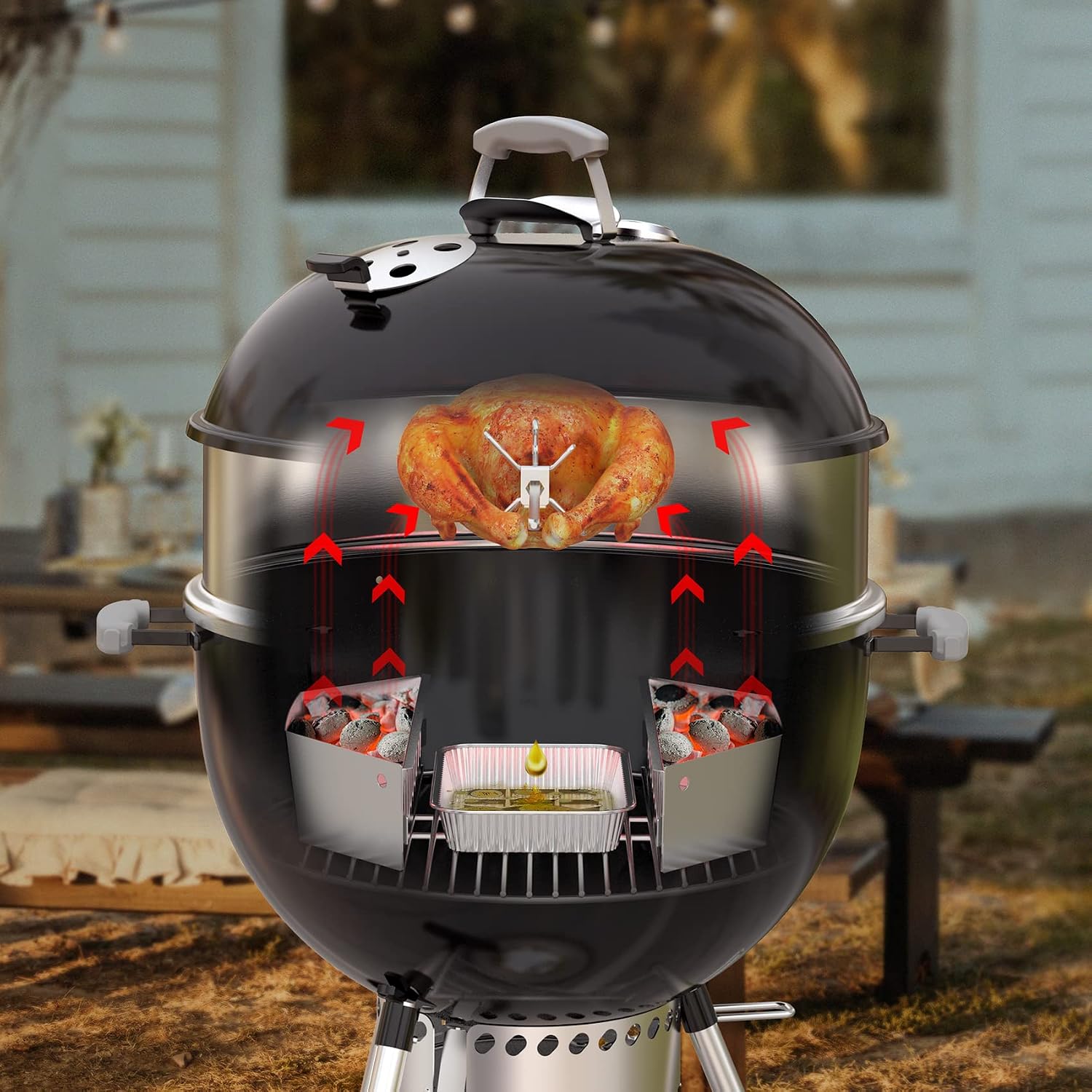 onlyfire Upgrade Stainless Steel Rotisserie Ring Kit for Weber 22-inch Kettle Charcoal Grills, Comes with Charcoal Baskets and 10 Pack Drip Pans | With 2 Charcoal Baskets and 10 Pack Drip Pans