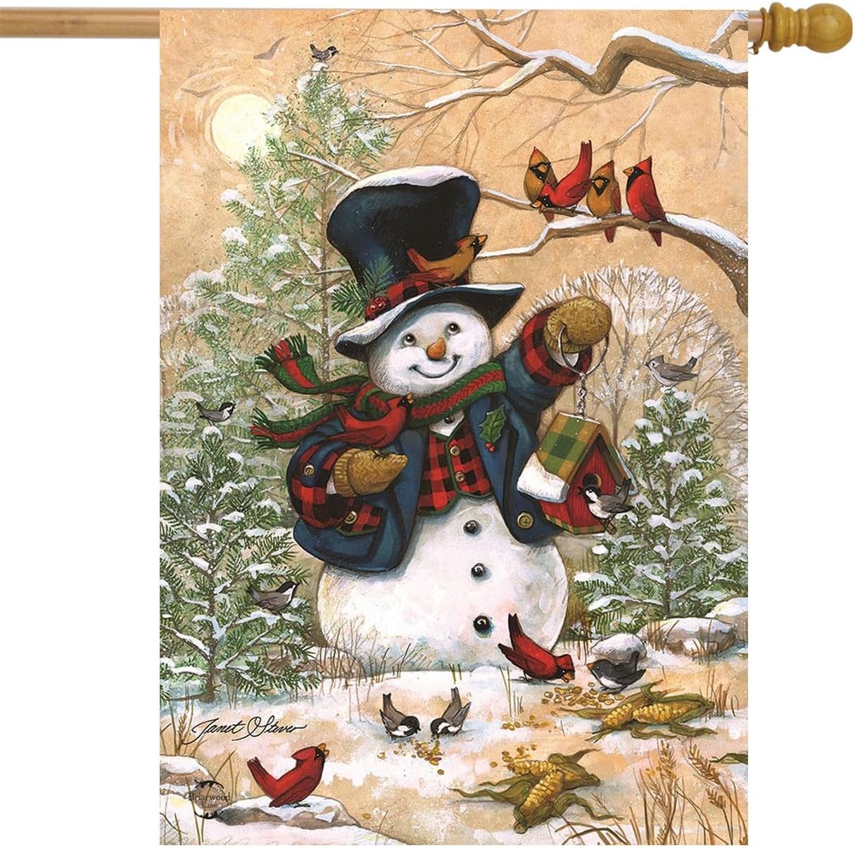 Winter Friends Primitive House Flag Snowman Cardinals Briarwood Lane 28" x 40"