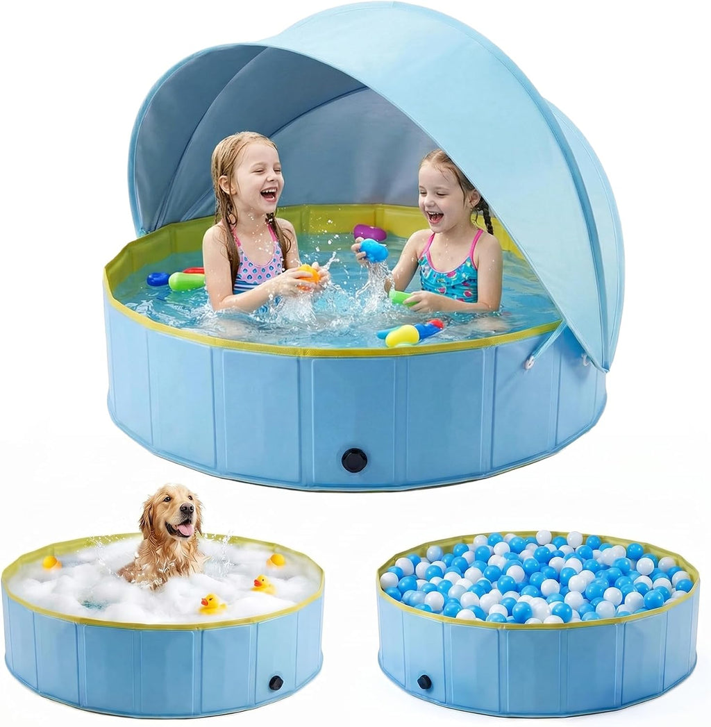 Kiddie Pool with Canopy, Large Foldable Pool Detachable UPF 50+ Sunshade | 48in Pool, Removable Sunshade, Foldable, Non Slip, Swimming Pool Beach Essentials Tent with Shade for Outdoor Backyard Beach