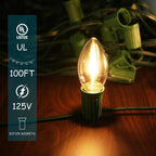 LUCKY TL 100 FT C9/E17 Christmas Light Sockets Spool Set, with 100 C9 Bulbs | 18 AWG wire, Green SPT-1 Wire, 12 Inch Spacing, UL Listed