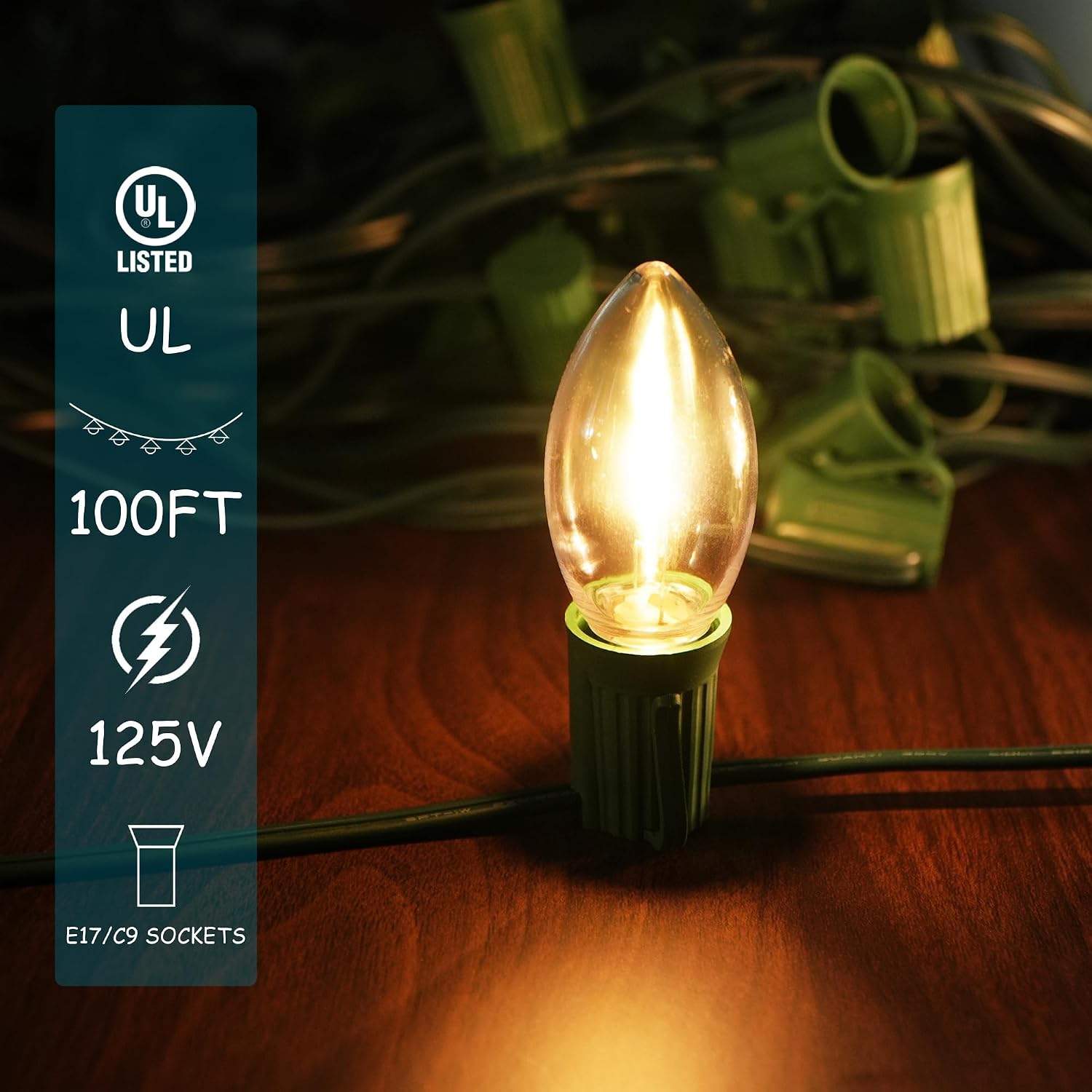 LUCKY TL 100 FT C9/E17 Christmas Light Sockets Spool Set, with 100 C9 Bulbs | 18 AWG wire, Green SPT-1 Wire, 12 Inch Spacing, UL Listed