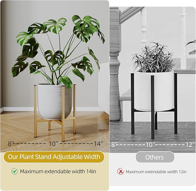 Plant Stand Indoor for 2 Height Options ,Mid Century Modern Outdoor Planter Holder,Corner plant stand Capacity of 160LB for 8 to 14 Inch Pots Golden with Round Plate 2 Pack