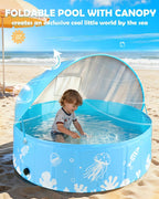 Foldable Kiddie Pool with Canopy, 47 in, Non-Inflatable, Blue | UPF 50+ sun canopy; portable baby pool for toddlers ages 1-3 and dogs, suitable for backyard, beach and outdoor water play