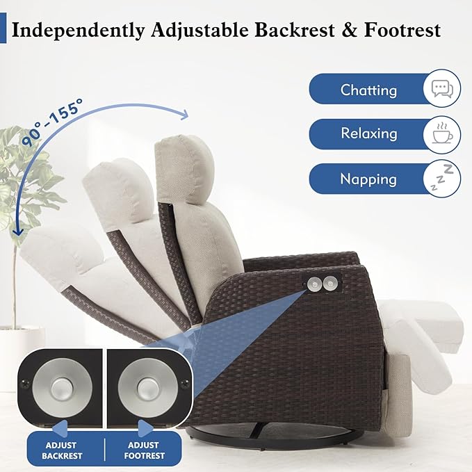 Adjustable Outdoor Recliner Chair with Independent Backrest & Footrest, Patio Swivel Recliner Chair, Wicker Reclining Patio Chair w/Flip-Up Table, Air Pump 155° Lay Flat Chaise Lounge, Beige