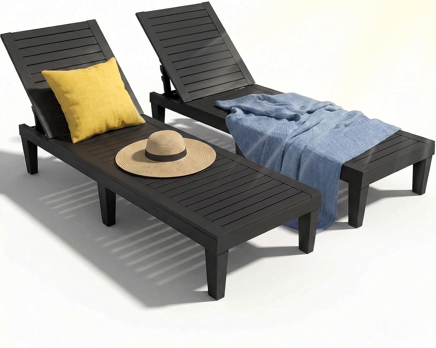 EFU Lounge Chair Outdoor, Set of 2 High-Impact PP Tanning Chairs, Black | All-Weather UV-Resistant & Waterproof Patio, Heavy Duty Pool Lounge Chairs Great for Pool & Yard, 5 Position Adjustable