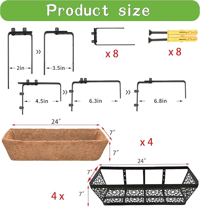 4 Pack 24" Railing Planter Window Box Deck Balcony Rail Planter Black Metal Flower Basket Horse Trough Planter with Coco Fiber Liner for Porch Fence Patio Outdoor