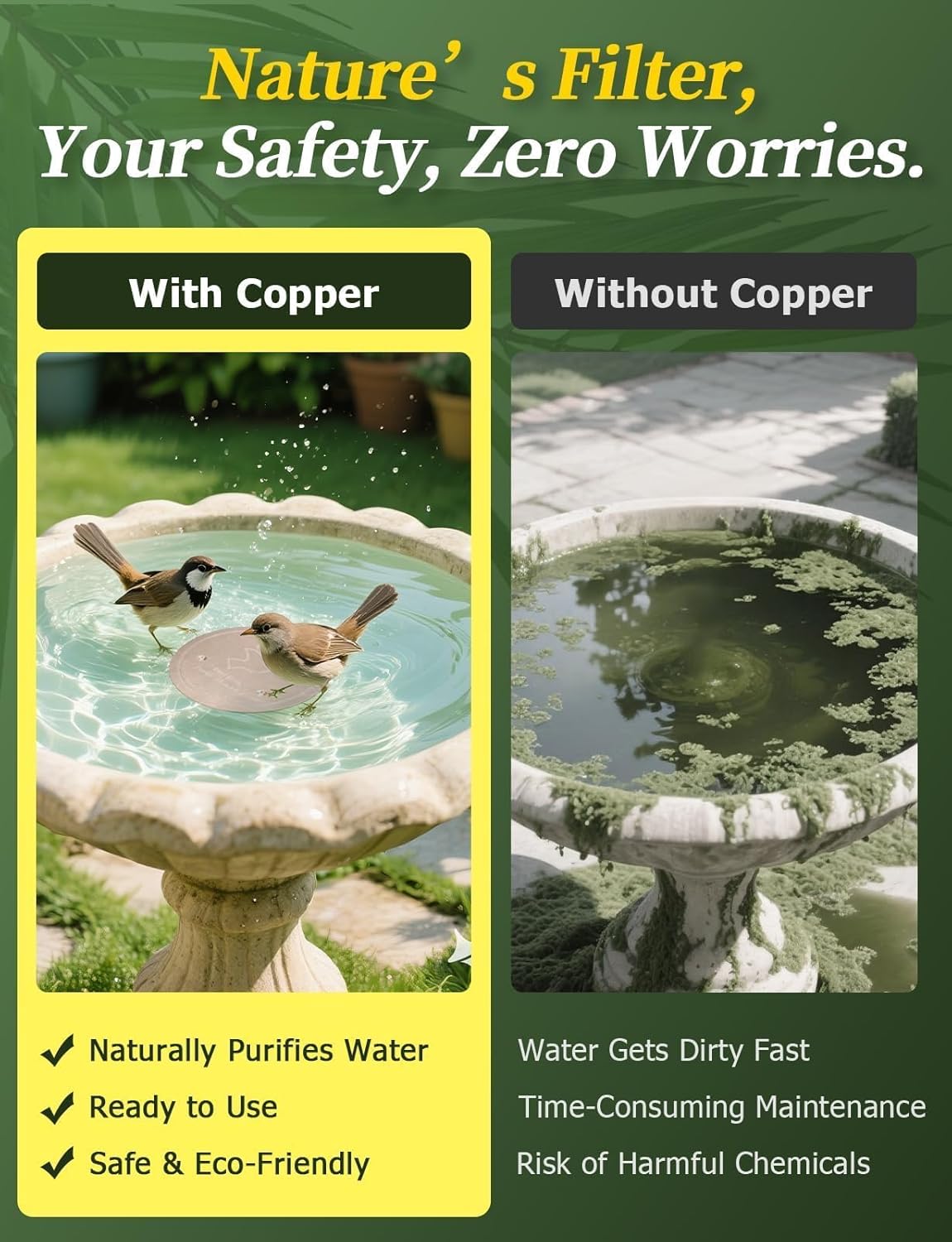 Mellbree Bird Bath Copper Disc, 0.6mm Reinforced 99.99% Pure Copper Cleaning Disk for Physical Safe Clean Water All-Season, Universal Fit for Outdoor Birdbaths, Bowl, Bird Bath Solar