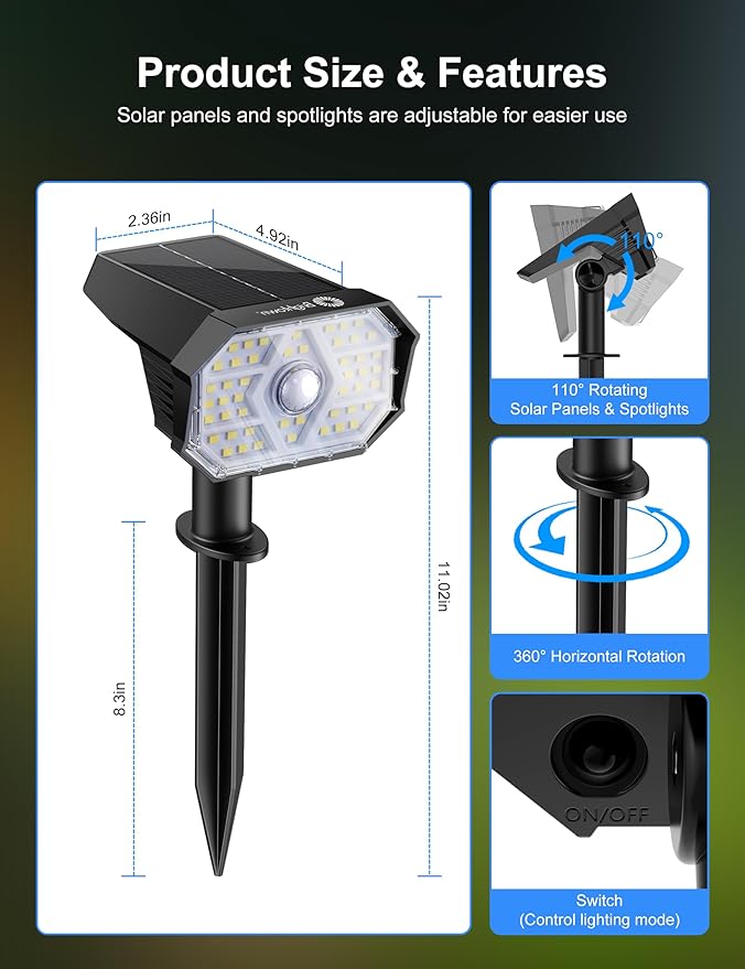 Brightown 6 Pack Solar Motion Lights Outdoor Waterproof, Motion Sensor Spot Lights- 58 LED/3 Modes Solar Powered Spotlights 2-in-1 Auto On/Off for Outside Yard Wall Garden, Cool White