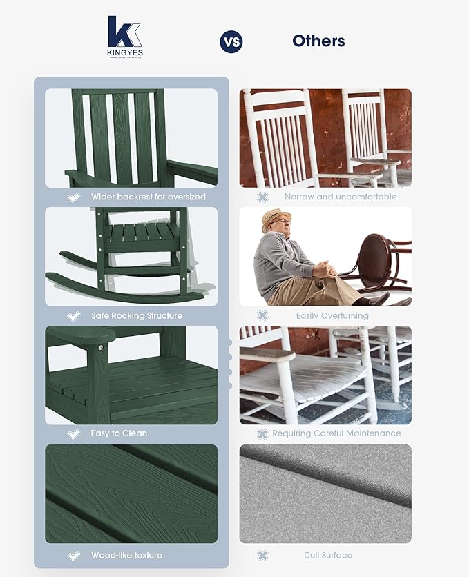 KINGYES Oversized Outdoor Rocking Chair, All-Weather Patio Rocking Chairs for Porch, HDPE Outdoor Patio Rockers with High Back & Wide Seat for Garden, Lawn, Green