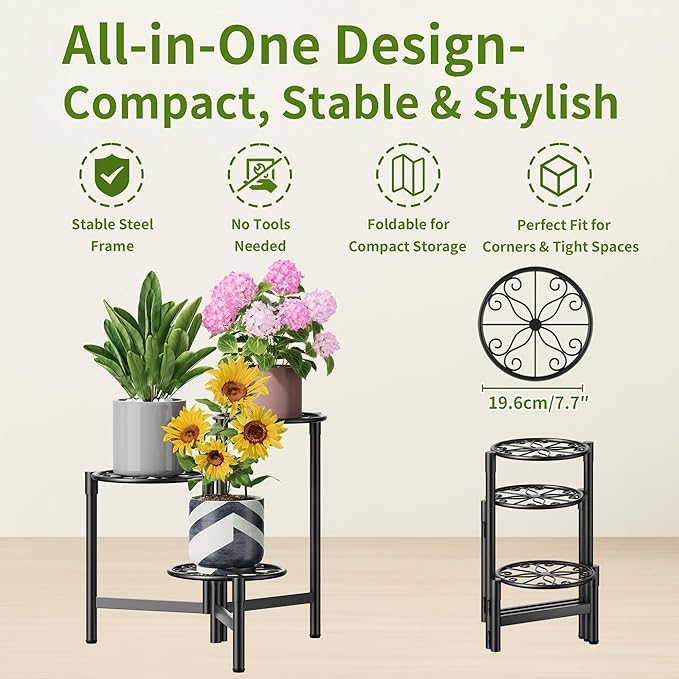 Metal Plant Stand Outdoor Indoor, 3 Tier Foldable Corner Tall Plant Shelf for Multiple Plants Flower Pot Holder Display Stand for Living Room Balcony Garden Patio -BlackS