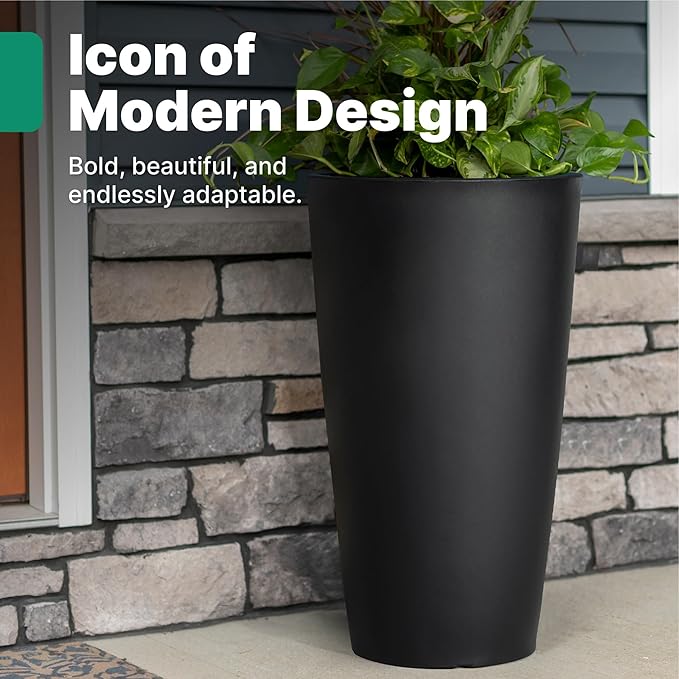 Step2 Tremont Tall Round Tapered Planter, 28" Tall, Indoor/Outdoor Plants, Efficient Drainage, Durable Resin, Onyx Black