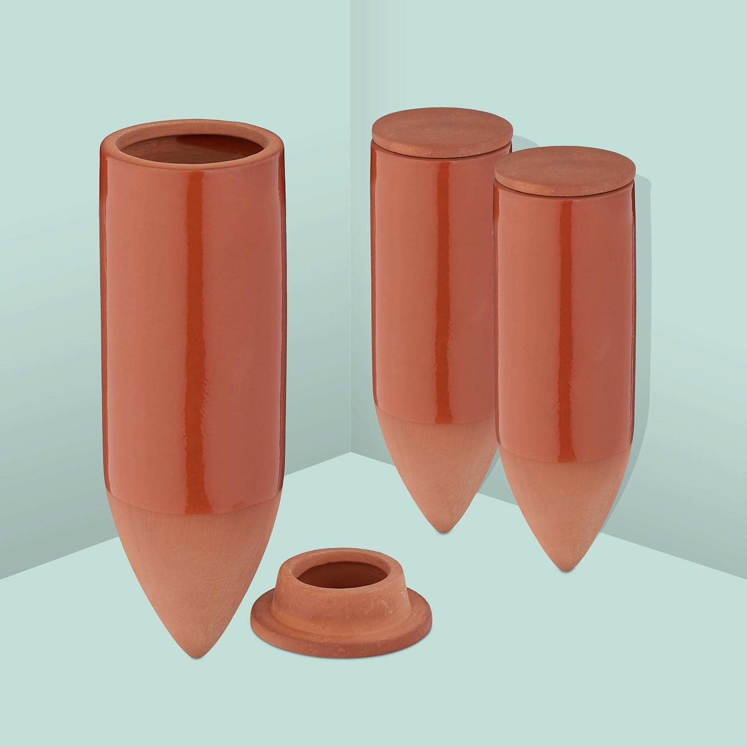 Relaxdays Clay Watering Spikes, Set of 3, 330ml, Irrigation Stakes for Houseplants & Balcony Pots, with Lid, Terracotta, Ceramics, 330 ml