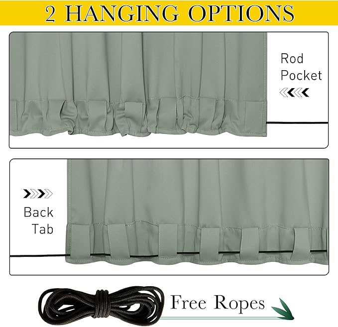 NICETOWN 2 Panels Outdoor Curtains for Patio Extra Wide 84", Waterproof & Windproof Grommet & Back Tab Fixed Top and Bottom Thermal Insulated Drapes with Rope for Gazebo, Sage Green, W84 x L95